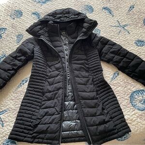 DKNY Black Quilted Long Hooded Puffer Coat